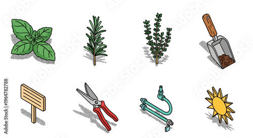 Garden tools and herbs in modern isometric design for nature and farming themes