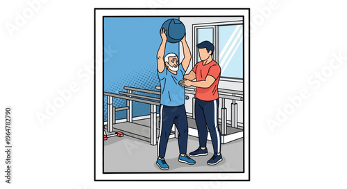 Rehabilitation exercise support: trainer assisting senior with medicine ball workout