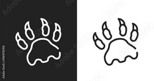 Paw print icon. Linear black, white icon from hunting collection. Outline paw print vector. Thin line symbol isolated on white and black background