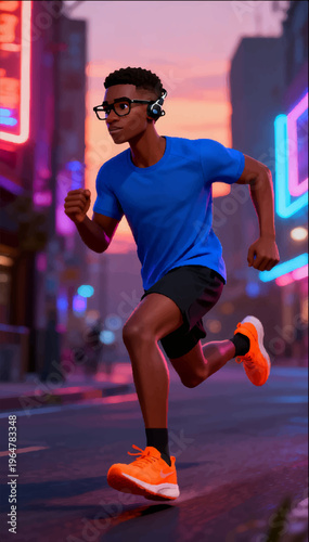 3D cartoon illustration of an African-American guy, a slim athlete who runs along city streets with an audio headset in his ears.