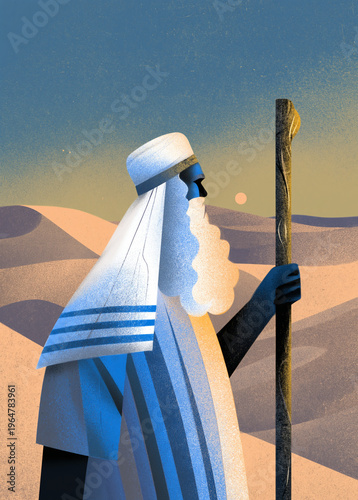 Divine guidance and faith of biblical Abraham in the desert. Modern flat illustration of the patriarch holding a staff among sand dunes at sunset for religious Torah storytelling.