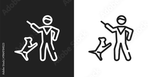 Dog training icon. Linear black, white icon from pet grooming collection. Outline dog training vector. Thin line symbol isolated on white and black background