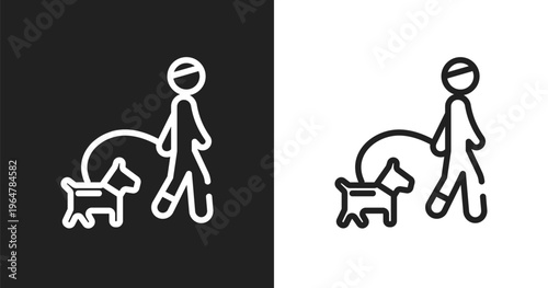 Walking the dog icon. Linear black, white icon from pet grooming collection. Outline walking the dog vector. Thin line symbol isolated on white and black background