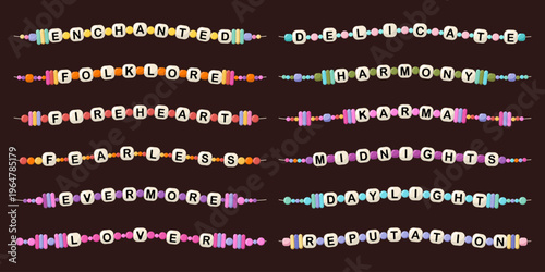 Collection of colorful beaded bracelets with letter beads forming words. Set of cute handmade jewelry concept for kids and friendship gifts. Bright trendy accessories symbolizing love and friendship.