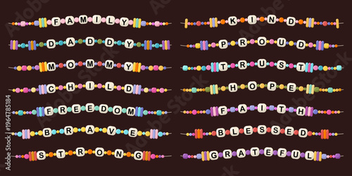 Collection of colorful beaded bracelets with letter beads forming words. Set of cute handmade jewelry concept for kids and friendship gifts. Bright trendy accessories symbolizing love and friendship.
