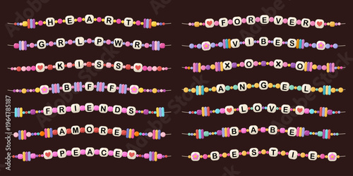 Collection of colorful beaded bracelets with letter beads forming words. Set of cute handmade jewelry concept for kids and friendship gifts. Bright trendy accessories symbolizing love and friendship.