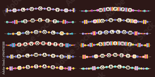 Collection of colorful beaded bracelets with letter beads forming words. Set of cute handmade jewelry concept for kids and friendship gifts. Bright trendy accessories symbolizing love and friendship.