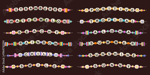 Collection of colorful beaded bracelets with letter beads forming words. Set of cute handmade jewelry concept for kids and friendship gifts. Bright trendy accessories symbolizing love and friendship.