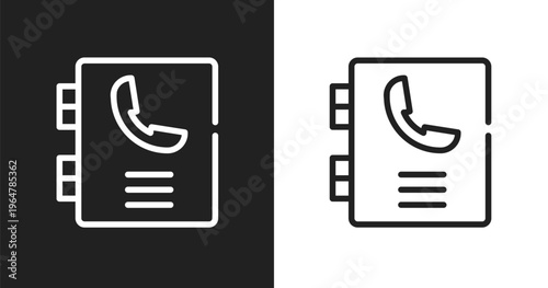 Phonebook icon. Linear black, white icon from strategy and management collection. Outline phonebook vector. Thin line symbol isolated on white and black background