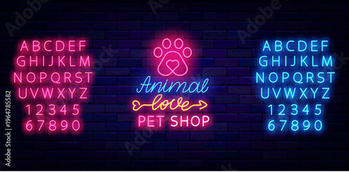 Pet shop neon label. Cat footprint. Shiny pink and blue alphabet. Animal center. Veterinary, training and grooming. Editing taext. Vector stock illustration
