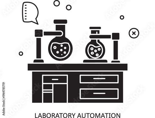 Laboratory equipment with beaker and flask on automation workstation with drawer storage featuring science, technology, chemistry with lab and