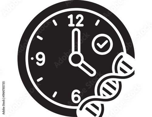 Clock with DNA double helix wrapped around it and checkmark on black background featuring genetic, time, icon with symbol and biology elements for