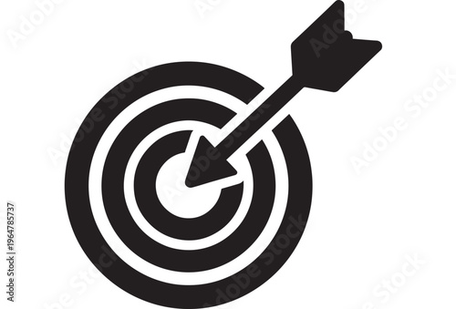 Target with arrow hitting bullseye in black silhouette vector graphic featuring icon, hit, mark with aim and goal elements for objective, success