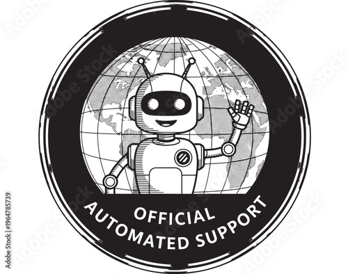 Robot official automated support with smiling face and globe background featuring illustration, icon, graphic with automation and technology elements