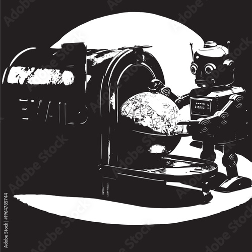 Robot standing next to a large metal furnace with glowing hot coals burning inside industrial scene featuring coal, machine, factory with industry