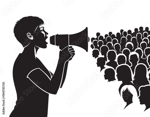 Megaphone with man speaking to crowd in black silhouette style featuring people, announcement, communication with speech and announcement elements