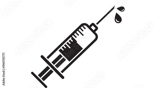 Syringe medical icon with needle and droplets, black vector illustration featuring injection, vaccination, healthcare with medicine and drug elements