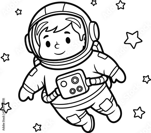 Cartoon astronaut boy in space with stars  smiling kid in spacesuit floating in galaxy with starry background