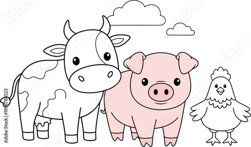 Cartoon farm animals cow pig and chicken standing together in a field with clouds  farm friends