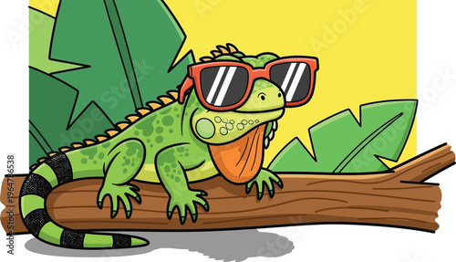 Cartoon green lizard wearing sunglasses on a brown tree branch with green leaves and a yellow background  fun tropical scene