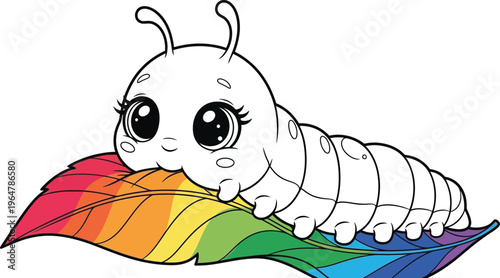 Cute cartoon caterpillar sitting on a colorful rainbow leaf smiling sweetly isolated on transparent background