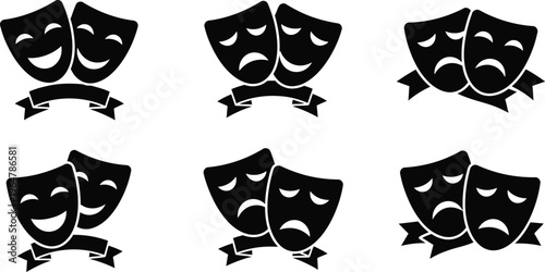 Theatrical comedy and tragedy mask silhouettes. Masks of Melpomene and Thalia. Happy (comedy) mask and a sad (tragedy) mask.