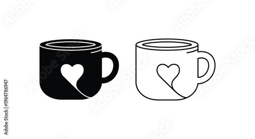 Heart coffee mug pair black white Vector