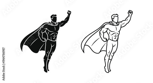 Superhero duo dynamic pose black white Vector