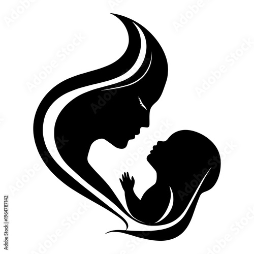 Abstract silhouette of a mother and baby with flowing shapes, representing warmth, emotional connection, and soft maternal love