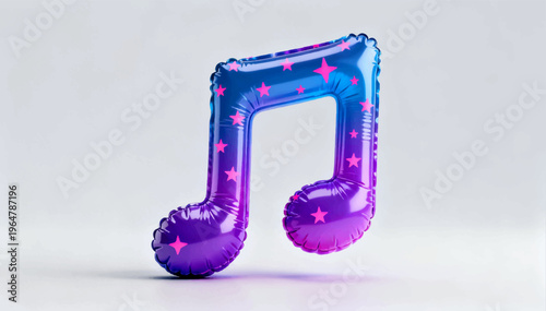 3D vector illustration of an inflatable musical note icon, cartoon style, convex edges, and a glossy surface made of bright pink and purple elastic plastic.