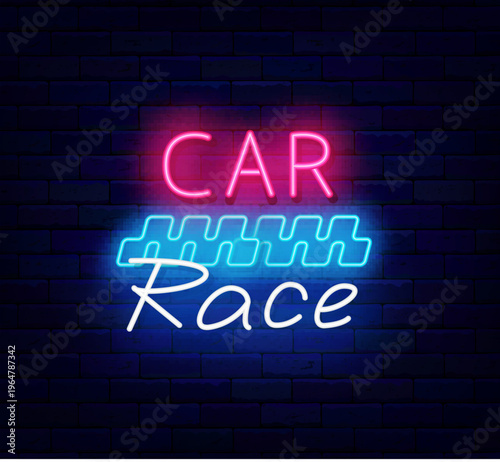 Car race neon sign. Car racing. Drift show and rally. Flyer on brick wall. Editable stroke. Vector stock illustration