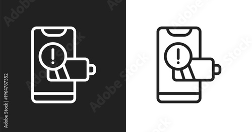 Phone with low battery icon. Linear black, white icon from smartphones collection. Outline phone with low battery vector. Thin line symbol isolated on white and black background