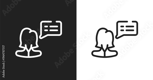 Female silhouette talking icon. Linear black, white icon from talking collection. Outline female silhouette talking vector. Thin line symbol isolated on white and black background