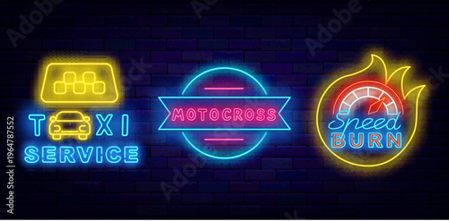City taxi service neon labels set. Auto club. Urban labdscape. Fire frame. Speed burn.City Racing. Glowing banner. Editable stroke. Vector stock illustration