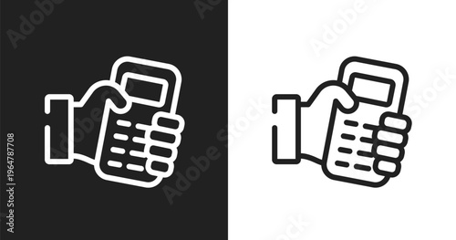 Hand holding a cellphone icon. Linear black, white icon from phoneset collection. Outline hand holding a cellphone vector. Thin line symbol isolated on white and black background