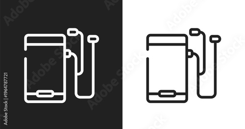 Mobile phone with auriculars icon. Linear black, white icon from mobile phones collection. Outline mobile phone with auriculars icon vector. Thin line symbol for use on web and mobile apps, logo,