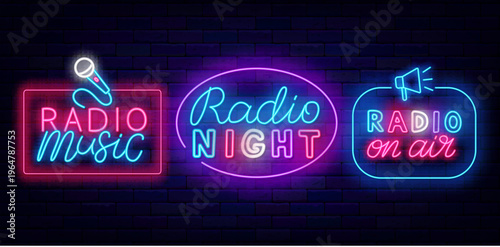 Radio neon badges collection. Music on air and podcast. Megaphone and microphone. Online streaming. Event design on brick wall. Glowing banners. Vector stock illustration