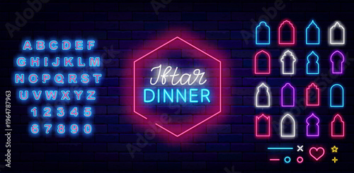 Iftar party neon sign. Bright blue alphabet. Lamb and mosque. Ramadan holiday. Eid Mubarak. Arabian window set. Night food eating. Editable stroke. Vector stock illustration