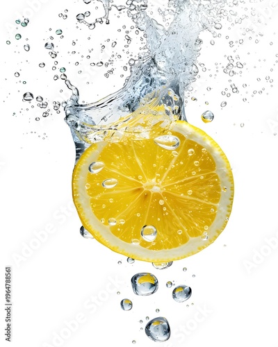 Lemon slice falling into water with bubbles and splash lines isolated on white background 