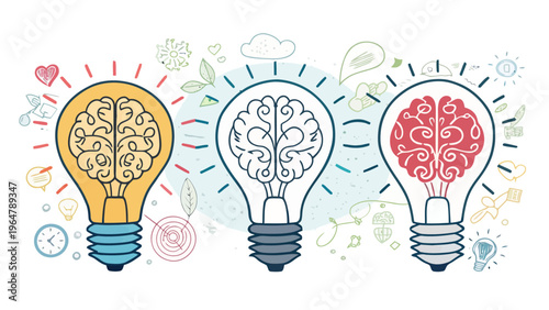 A vector graphic illustration of three lightbulbs with brains and creative symbols
