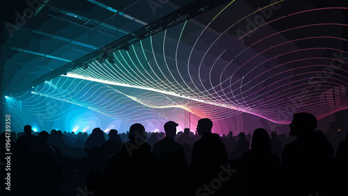 A crowd of people in silhouette at a vibrant concert with colorful lights