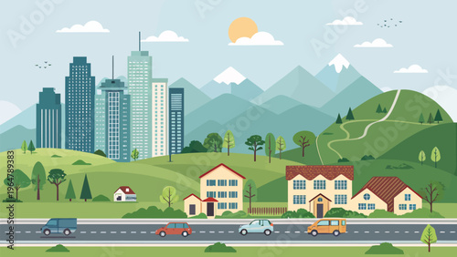 A vibrant cityscape with suburban homes and a mountain range in the background silhouette