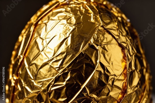 Golden foil wrapped egg macro closeup detail in warm light. composition. 
