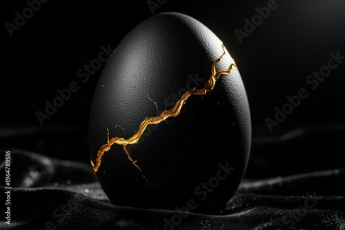 Black cracked egg with golden seams on dark surface in dramatic lighting. 