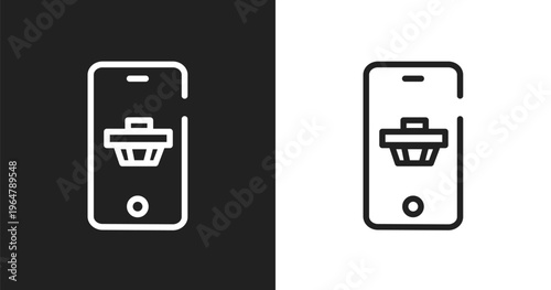 Buying on smartphone icon. Linear black, white icon from phone icons collection. Outline buying on smartphone vector. Thin line symbol isolated on white and black background