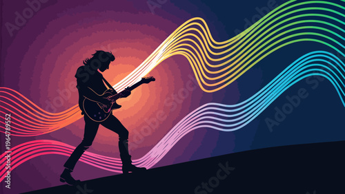 A silhouette of a man playing an electric guitar in a colorful abstract background silhouette