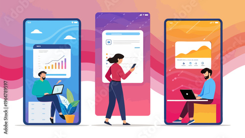 A colorful vector graphic illustration of people using smartphones and laptops in a modern design