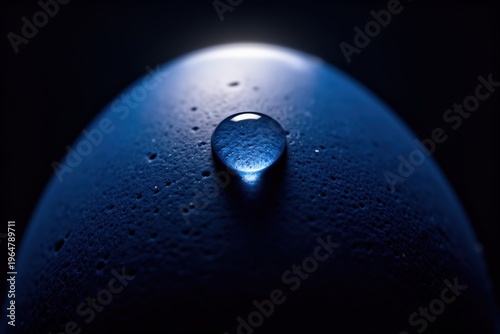 Macro water droplet on dark textured blue surface in dramatic light. 