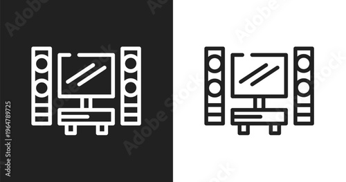 Home cinema icon. Linear black, white icon from cinema collection. Outline home cinema vector. Thin line symbol isolated on white and black background