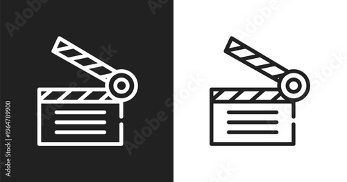 Movie clapper icon. Linear black, white icon from cinema collection. Outline movie clapper vector. Thin line symbol isolated on white and black background